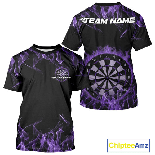 Custom Black And Purple Flame Dartboard Dart T-Shirts For Men, Dart Players Outfits IPHW9964