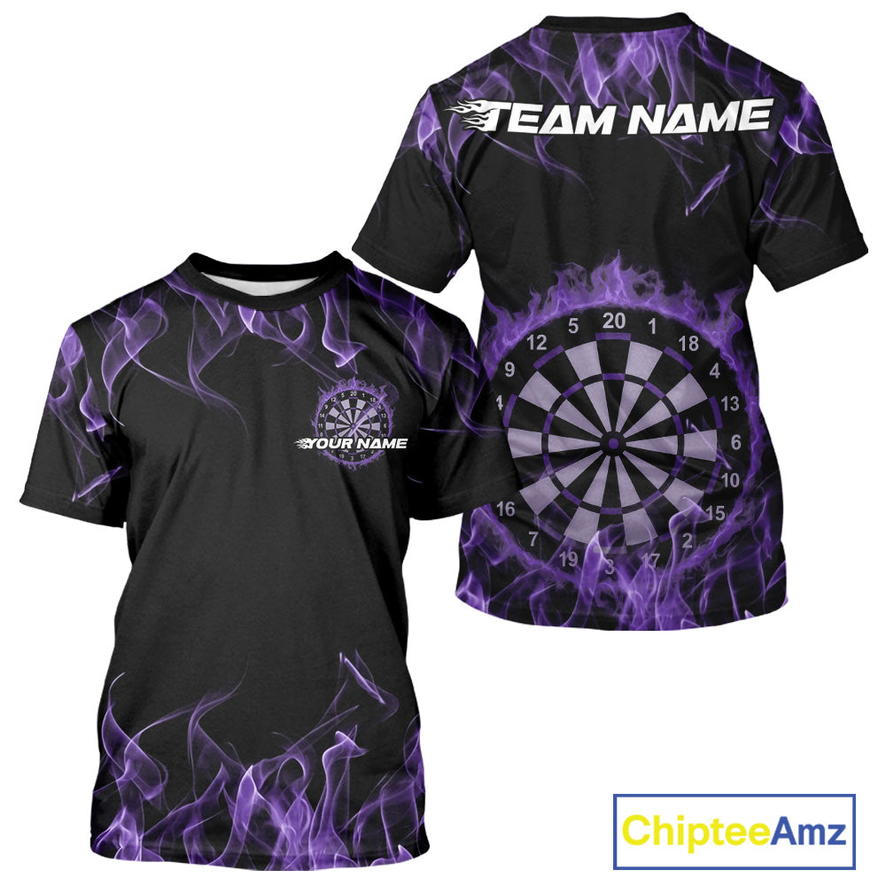 Custom Black And Purple Flame Dartboard Dart T-Shirts For Men, Dart Players Outfits IPHW9964
