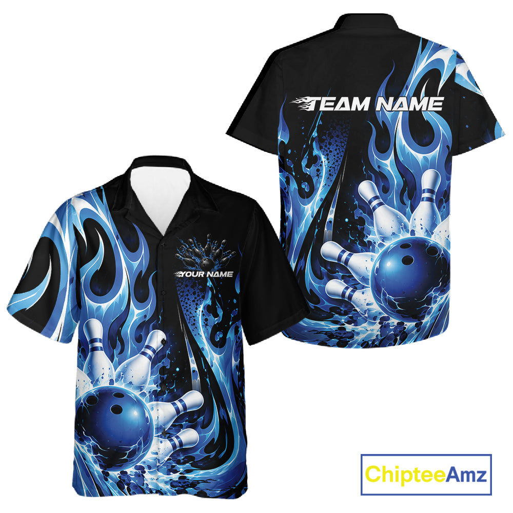 Custom Black And Blue Flame Bowling Jersey For Men And Women, Bowling League Button Up Shirt IPHW12389