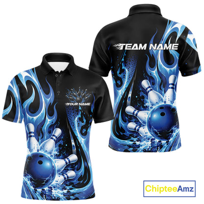 Custom Black And Blue Flame Bowling Jersey For Men, Bowling League Polo Shirt IPHW12389