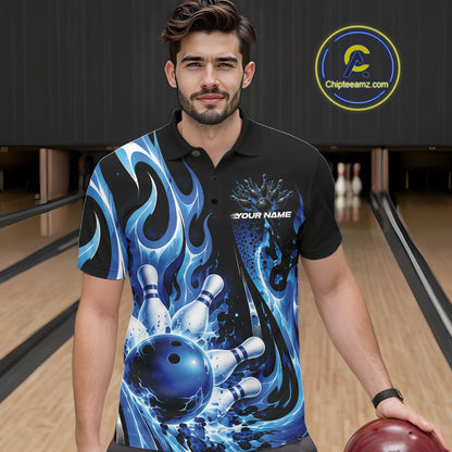 Custom Black And Blue Flame Bowling Jersey For Men, Bowling League Polo Shirt IPHW12389