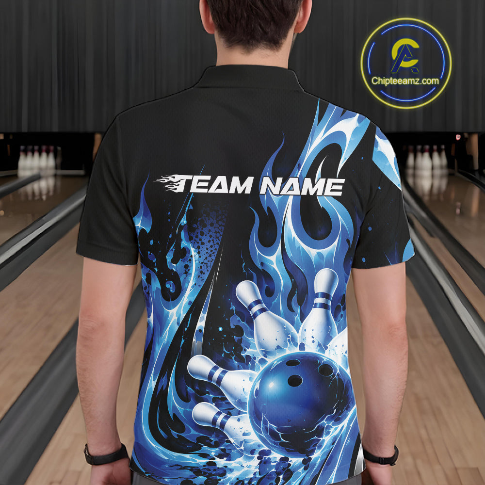 Custom Black And Blue Flame Bowling Jersey For Men, Bowling League Polo Shirt IPHW12389