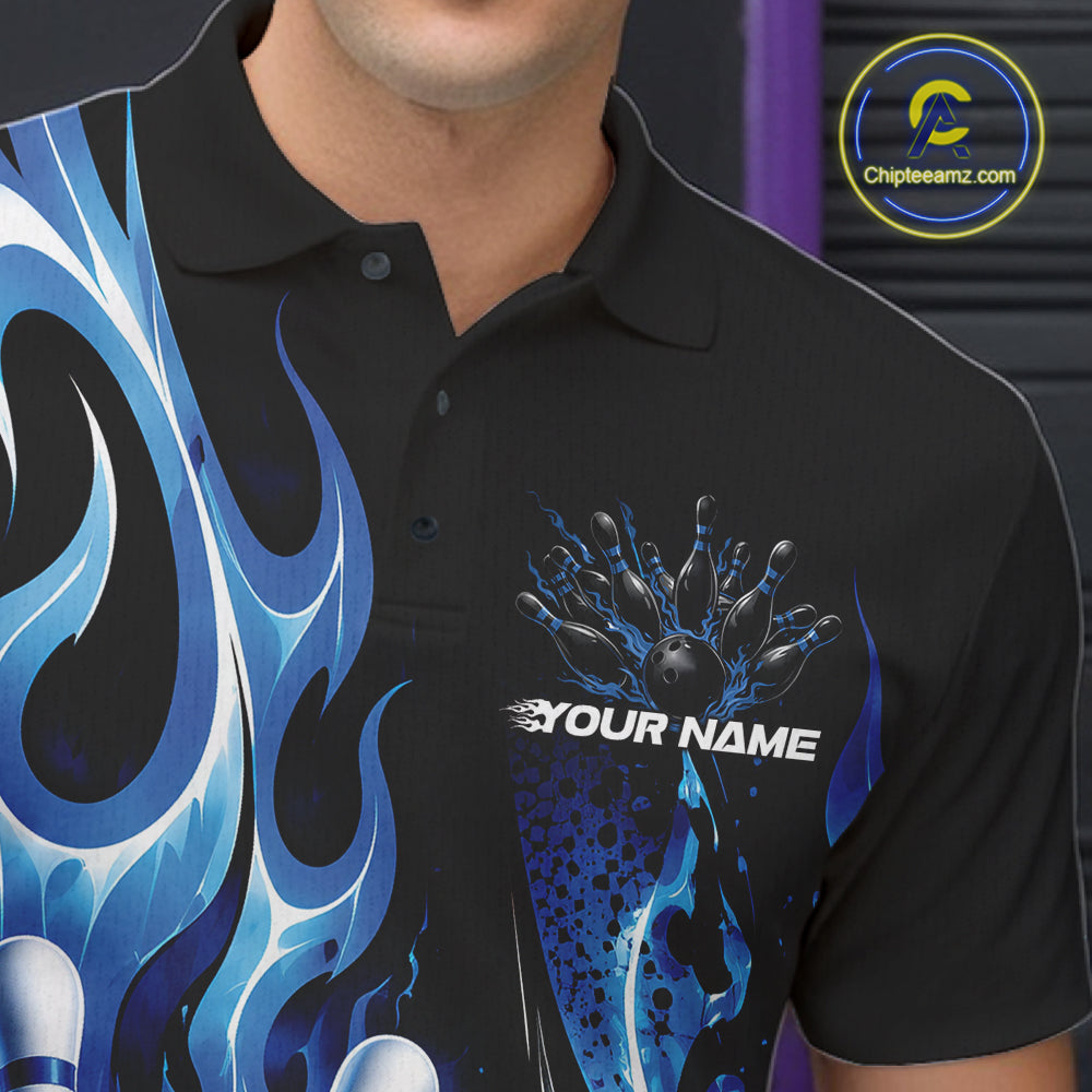 Custom Black And Blue Flame Bowling Jersey For Men, Bowling League Polo Shirt IPHW12389