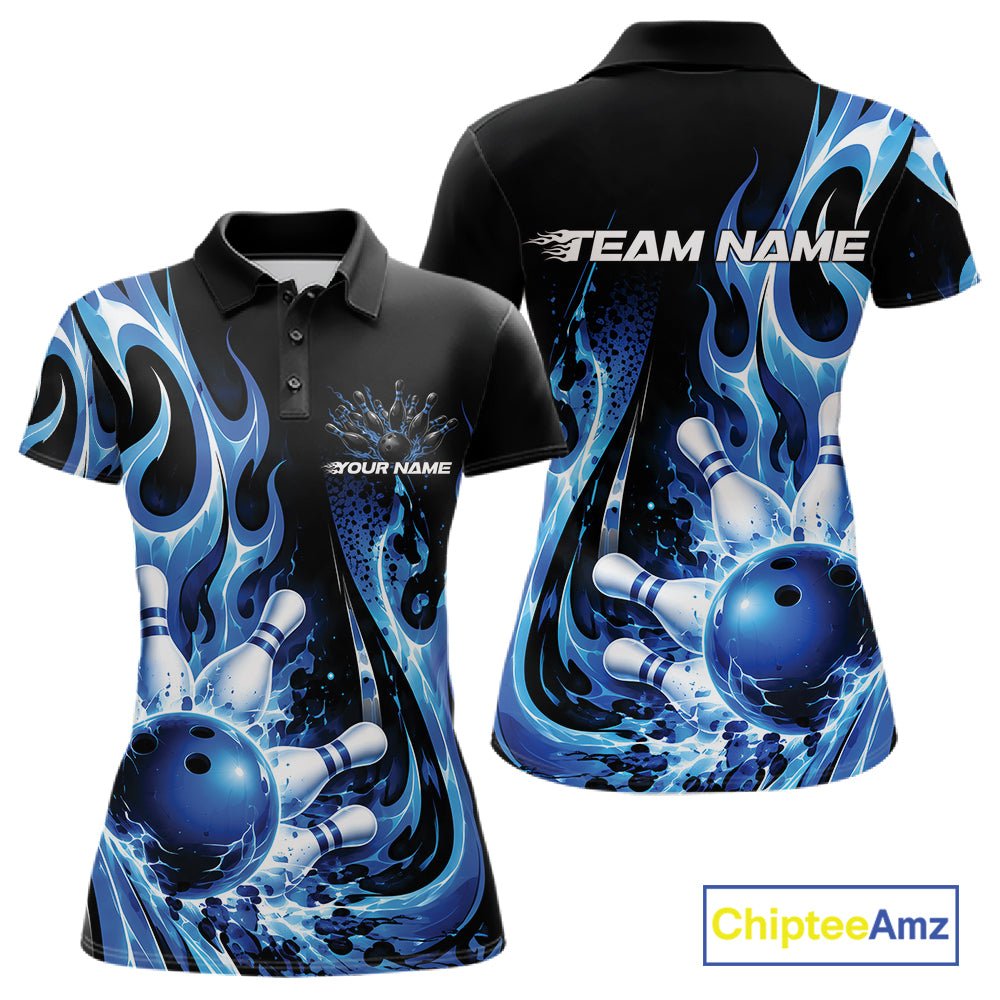 Custom Black And Blue Flame Bowling Jersey For Women, Bowling League Polo Shirt IPHW12389