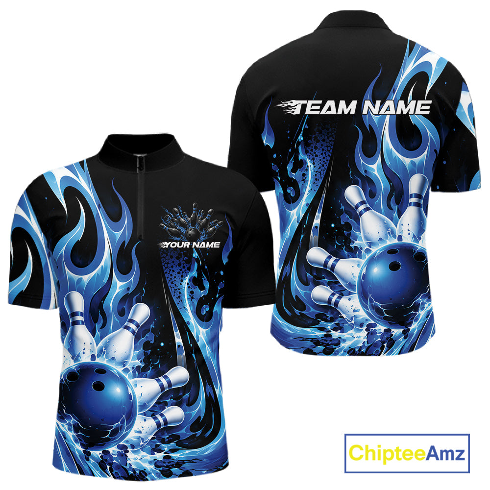Custom Black And Blue Flame Bowling Jersey For Men, Bowling League Quarter Zip Shirt IPHW12389