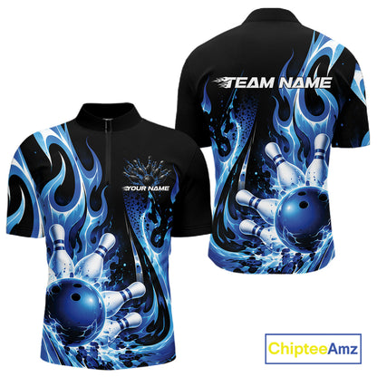 Custom Black And Blue Flame Bowling Jersey For Men, Bowling League Quarter Zip Shirt IPHW12389