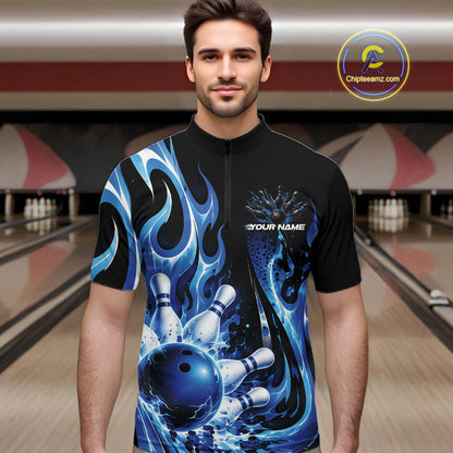 Custom Black And Blue Flame Bowling Jersey For Men, Bowling League Quarter Zip Shirt IPHW12389