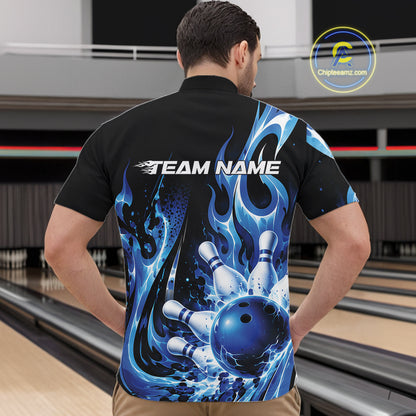 Custom Black And Blue Flame Bowling Jersey For Men, Bowling League Quarter Zip Shirt IPHW12389