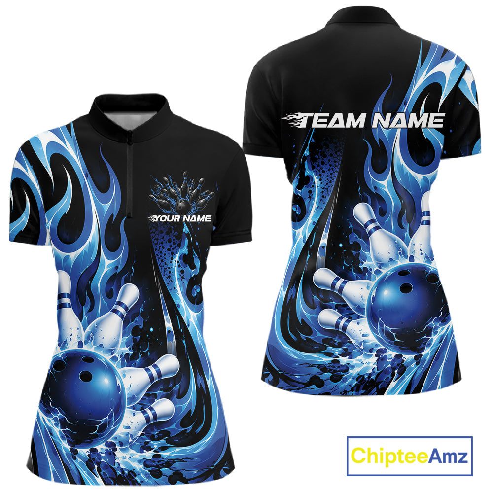 Custom Black And Blue Flame Bowling Jersey For Women, Bowling League Quarter-Zip Shirt IPHW12389