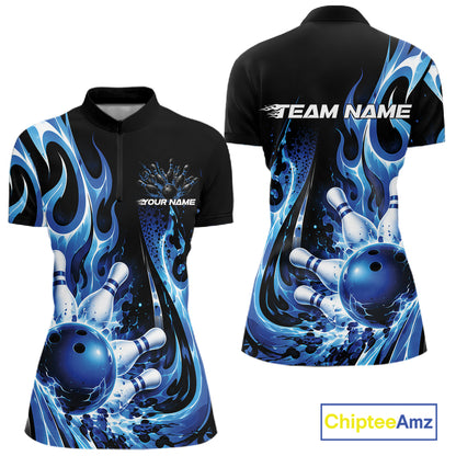 Custom Black And Blue Flame Bowling Jersey For Women, Bowling League Quarter-Zip Shirt IPHW12389