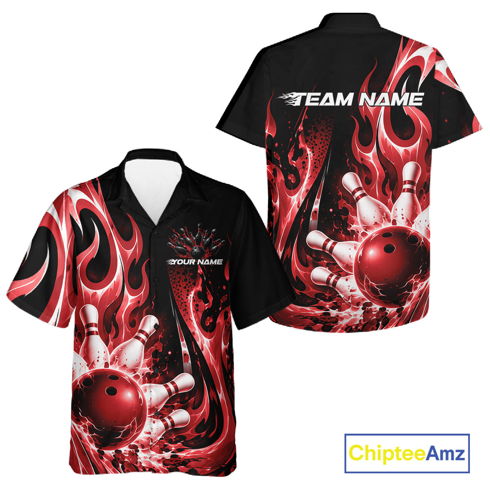 Custom Black And Red Flame Bowling Jersey For Men And Women, Bowling League Button Up Shirt IPHW12390