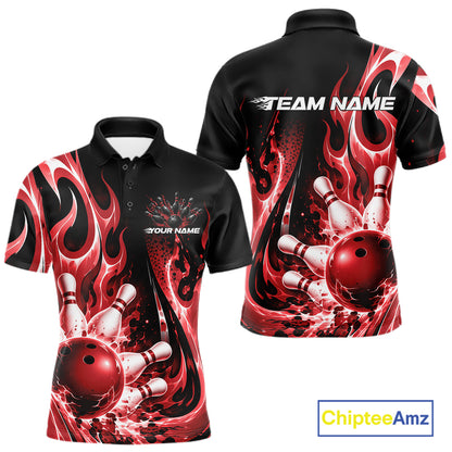 Custom Black And Red Flame Bowling Jersey For Men, Bowling League Polo Shirt IPHW12390