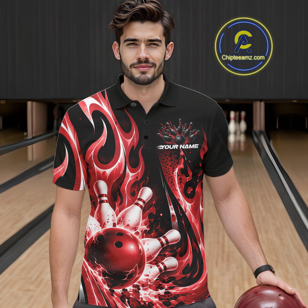 Custom Black And Red Flame Bowling Jersey For Men, Bowling League Polo Shirt IPHW12390