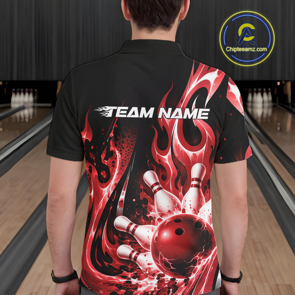 Custom Black And Red Flame Bowling Jersey For Men, Bowling League Polo Shirt IPHW12390