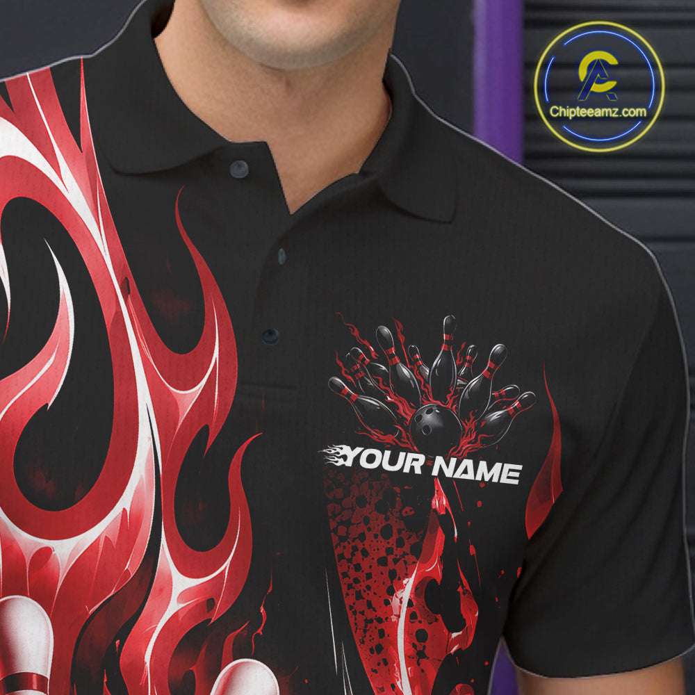 Custom Black And Red Flame Bowling Jersey For Men, Bowling League Polo Shirt IPHW12390