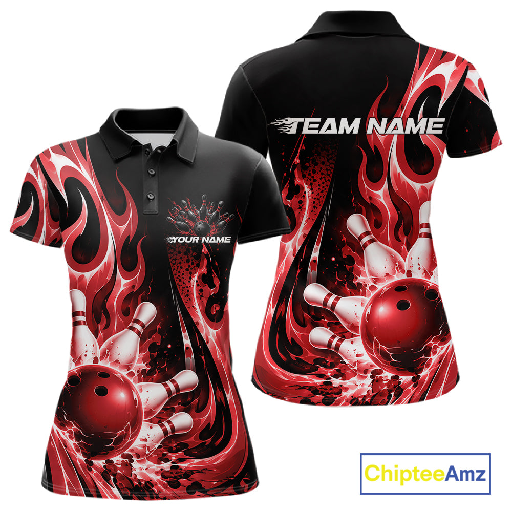 Custom Black And Red Flame Bowling Jersey For Women, Bowling League Polo Shirt IPHW12390