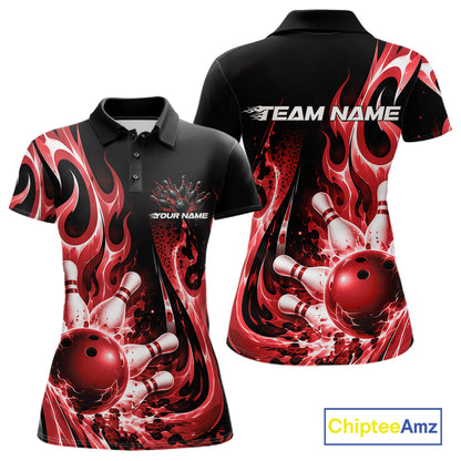 Custom Black And Red Flame Bowling Jersey For Women, Bowling League Polo Shirt IPHW12390