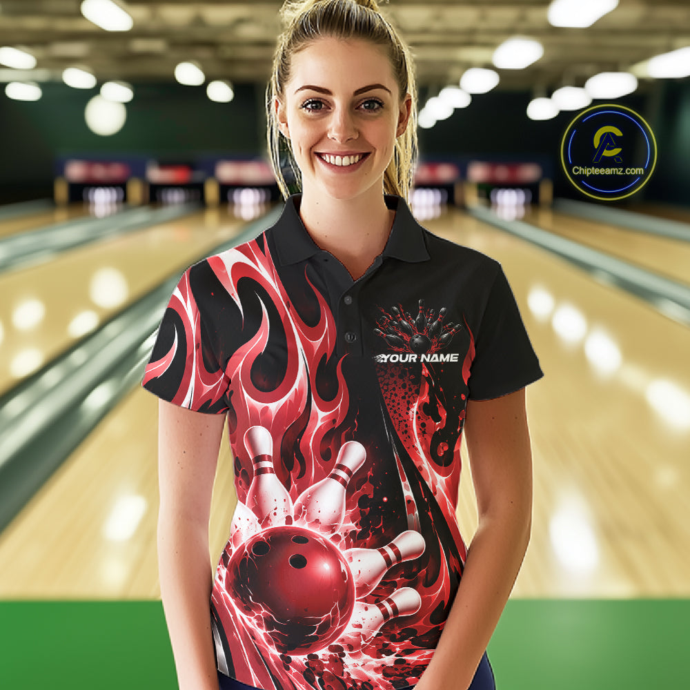 Custom Black And Red Flame Bowling Jersey For Women, Bowling League Polo Shirt IPHW12390