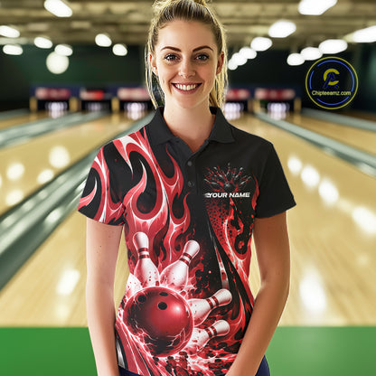 Custom Black And Red Flame Bowling Jersey For Women, Bowling League Polo Shirt IPHW12390