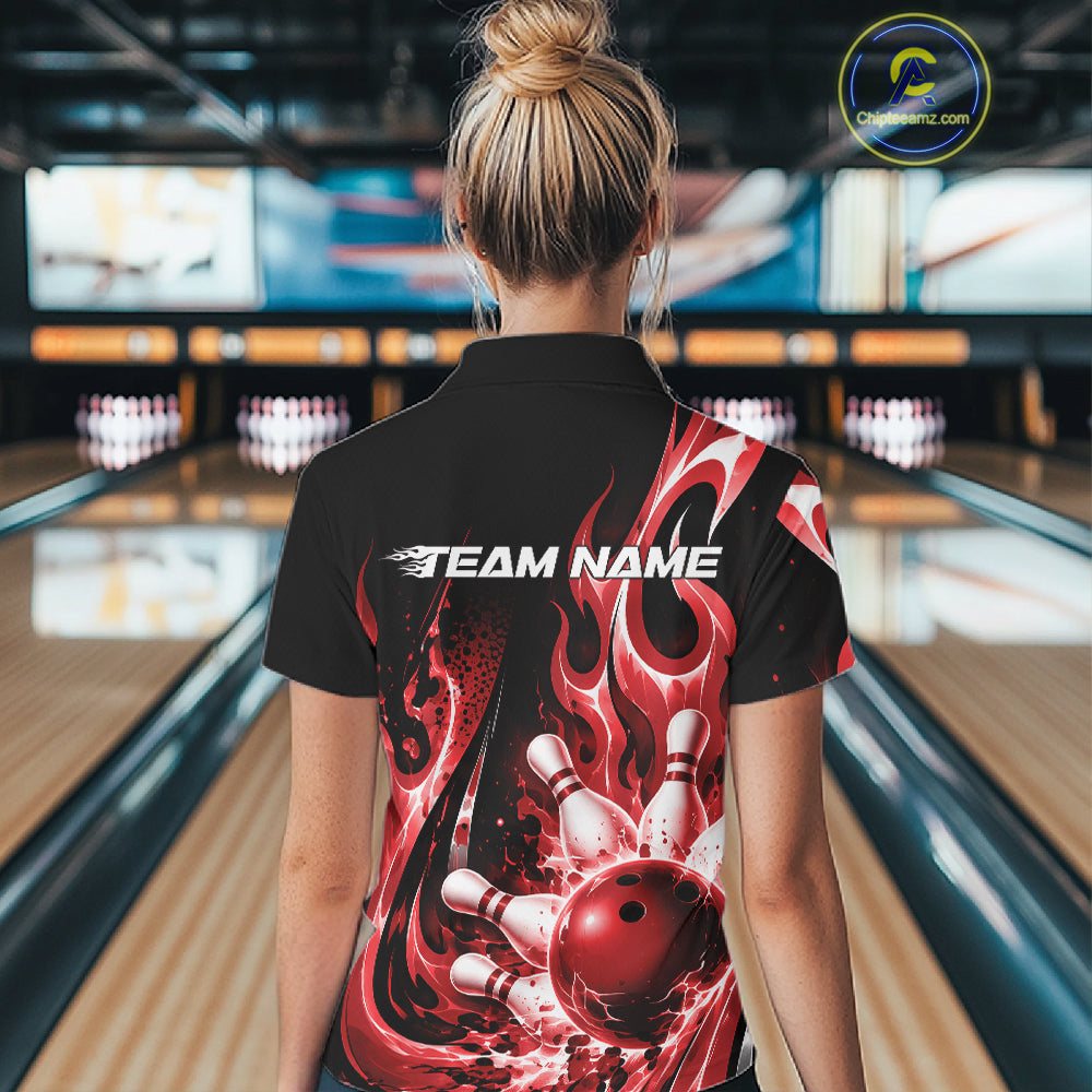 Custom Black And Red Flame Bowling Jersey For Women, Bowling League Polo Shirt IPHW12390