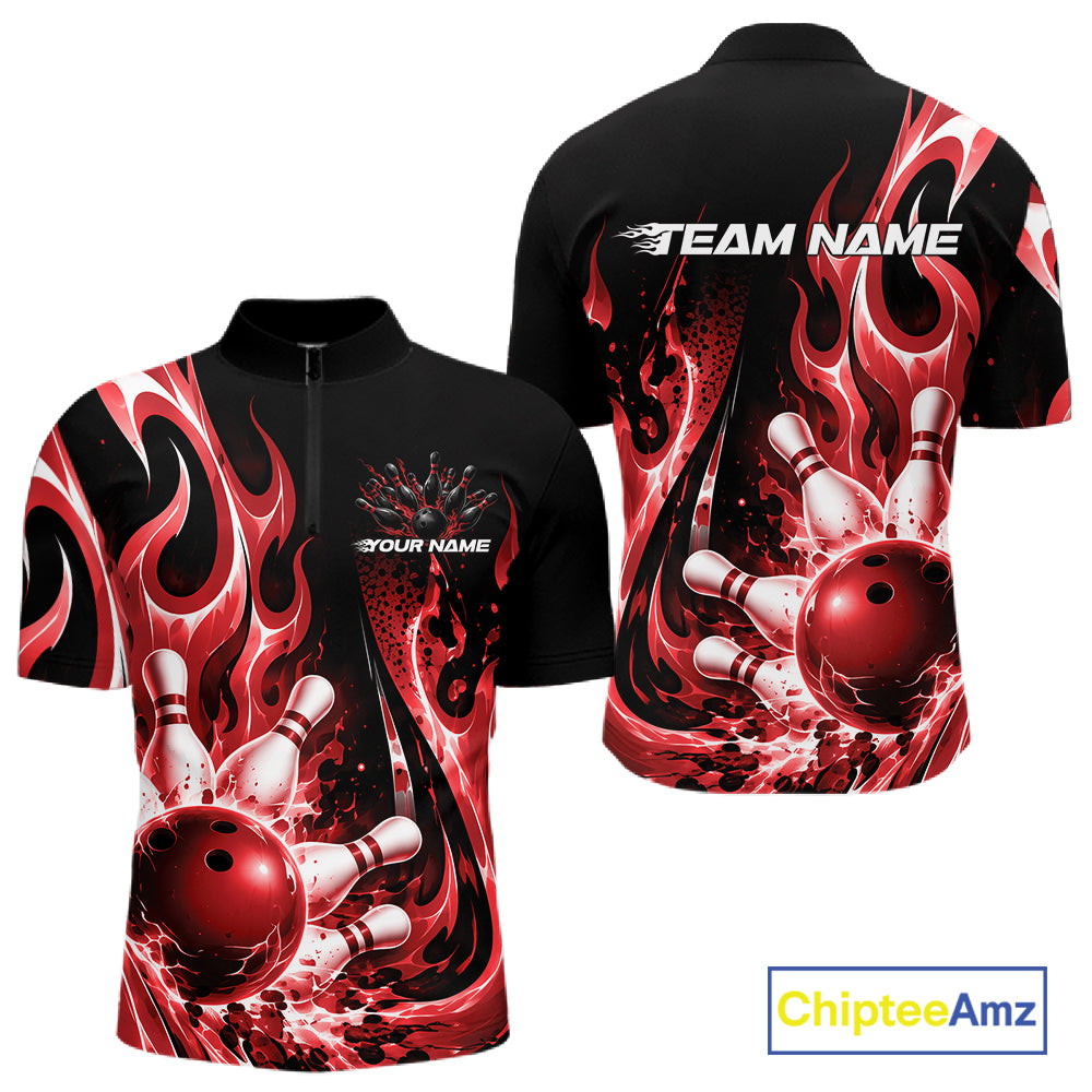 Custom Black And Red Flame Bowling Jersey For Men, Bowling League Quarter Zip Shirt IPHW12390