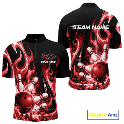Custom Black And Red Flame Bowling Jersey For Men, Bowling League Quarter Zip Shirt IPHW12390