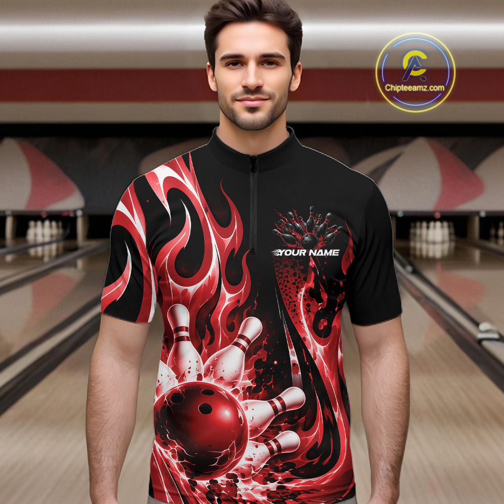 Custom Black And Red Flame Bowling Jersey For Men, Bowling League Quarter Zip Shirt IPHW12390