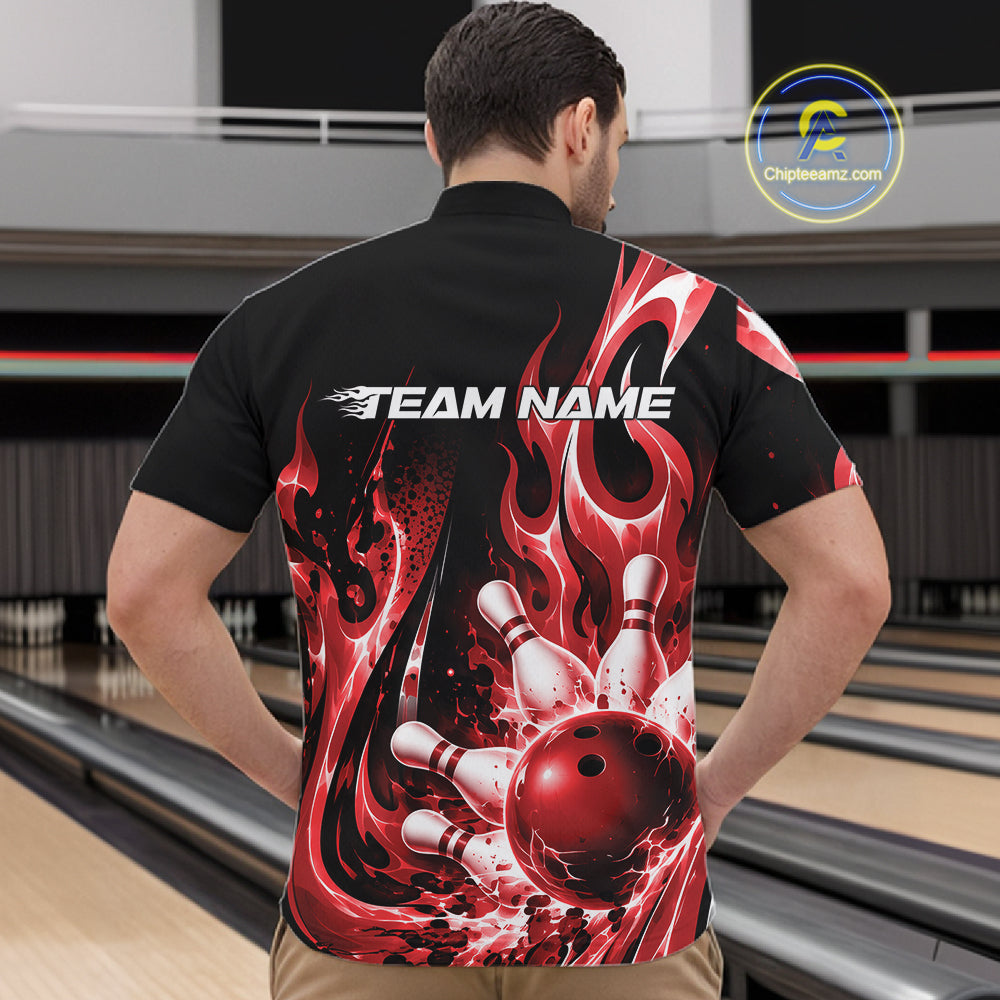 Custom Black And Red Flame Bowling Jersey For Men, Bowling League Quarter Zip Shirt IPHW12390