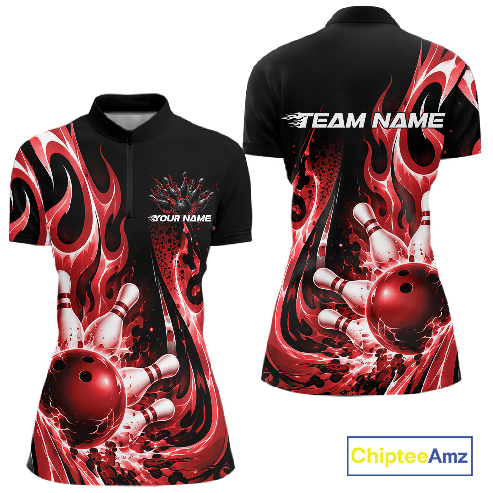 Custom Black And Red Flame Bowling Jersey For Women, Bowling League Quarter-Zip Shirt IPHW12390