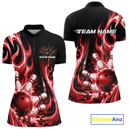 Custom Black And Red Flame Bowling Jersey For Women, Bowling League Quarter-Zip Shirt IPHW12390