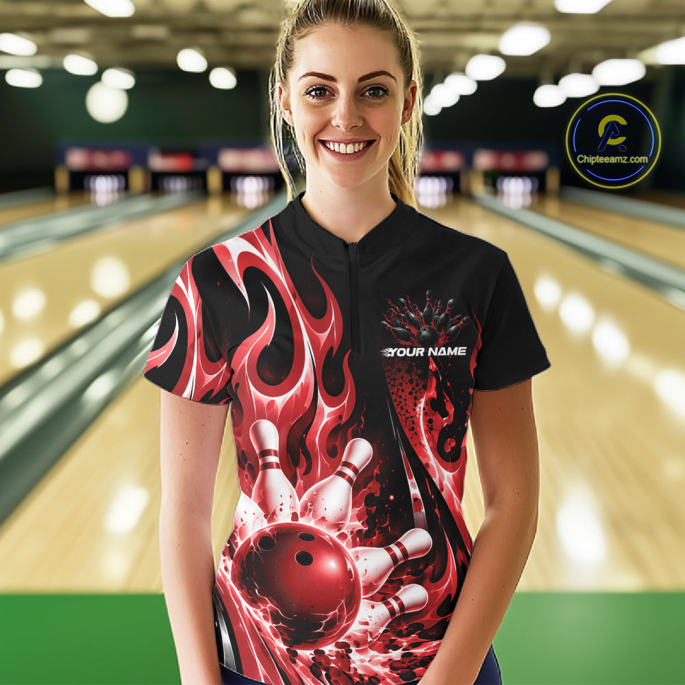 Custom Black And Red Flame Bowling Jersey For Women, Bowling League Quarter-Zip Shirt IPHW12390