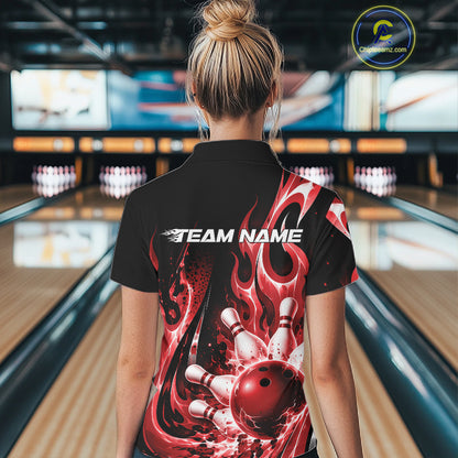 Custom Black And Red Flame Bowling Jersey For Women, Bowling League Quarter-Zip Shirt IPHW12390