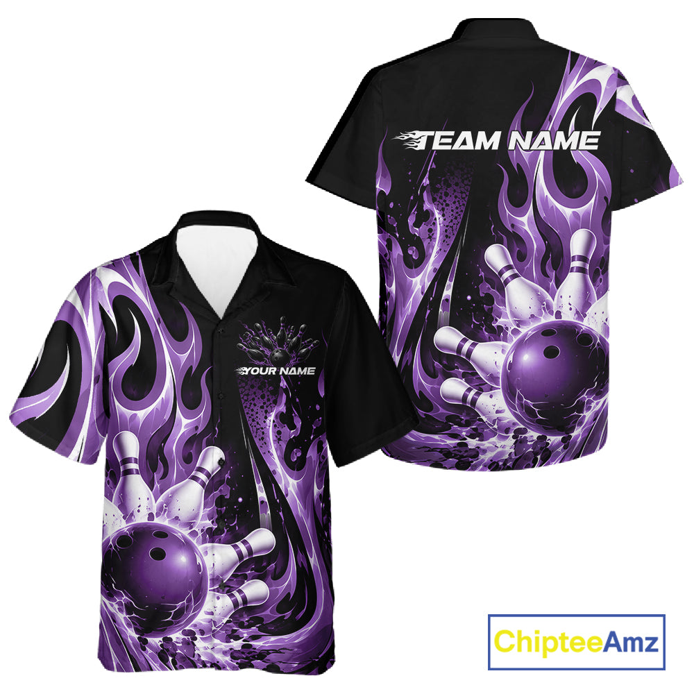 Custom Black And Purple Flame Bowling Jersey For Men And Women, Bowling League Button Up Shirt IPHW12391