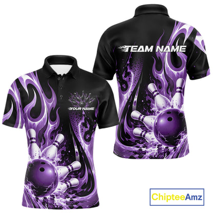 Custom Black And Purple Flame Bowling Jersey For Men, Bowling League Polo Shirt IPHW12391