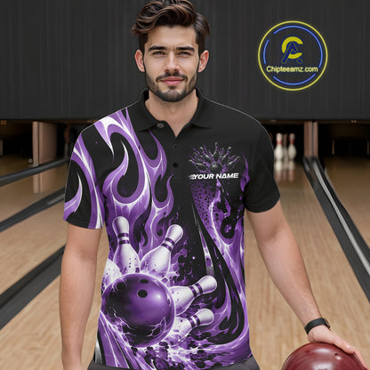 Custom Black And Purple Flame Bowling Jersey For Men, Bowling League Polo Shirt IPHW12391