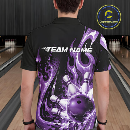 Custom Black And Purple Flame Bowling Jersey For Men, Bowling League Polo Shirt IPHW12391