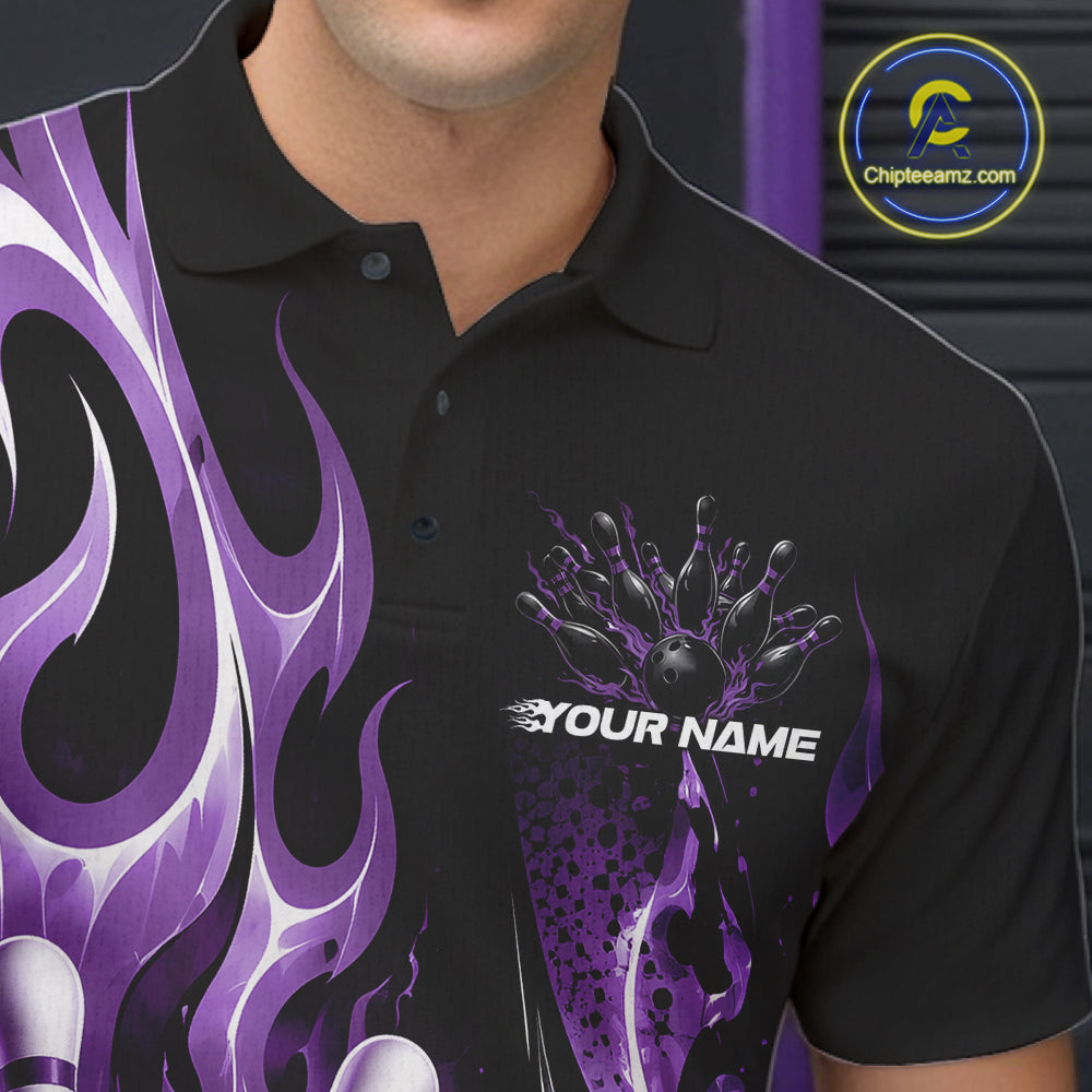 Custom Black And Purple Flame Bowling Jersey For Men, Bowling League Polo Shirt IPHW12391