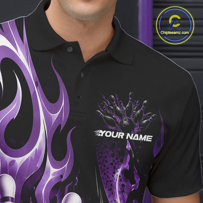 Custom Black And Purple Flame Bowling Jersey For Men, Bowling League Polo Shirt IPHW12391