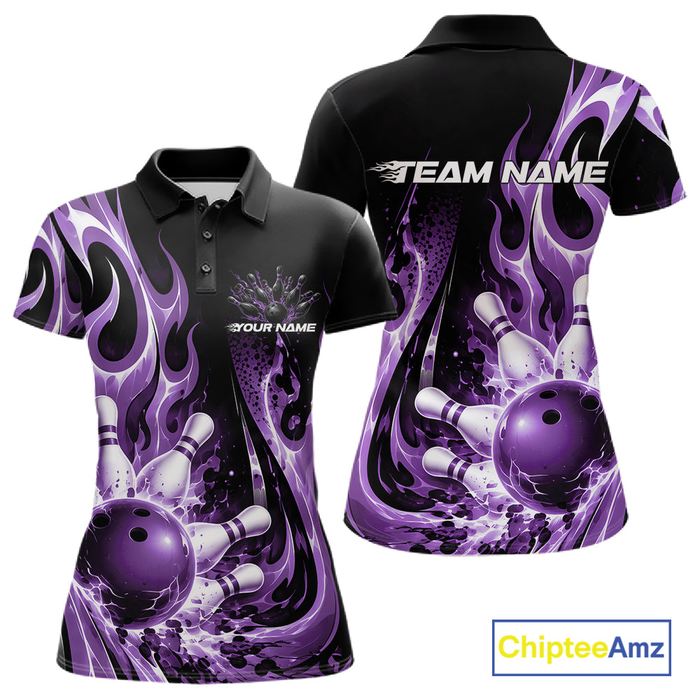Custom Black And Purple Flame Bowling Jersey For Women, Bowling League Polo Shirt IPHW12391