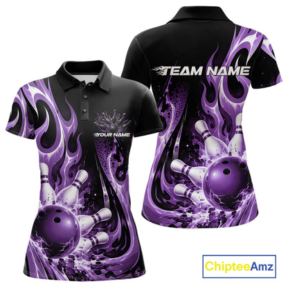 Custom Black And Purple Flame Bowling Jersey For Women, Bowling League Polo Shirt IPHW12391