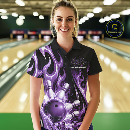 Custom Black And Purple Flame Bowling Jersey For Women, Bowling League Polo Shirt IPHW12391