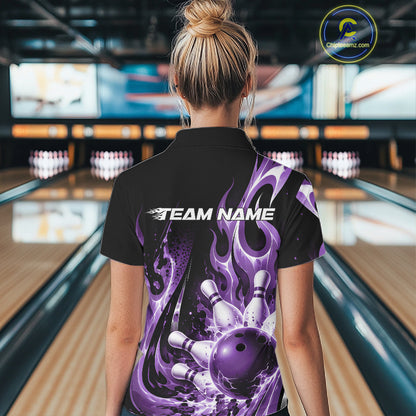 Custom Black And Purple Flame Bowling Jersey For Women, Bowling League Polo Shirt IPHW12391