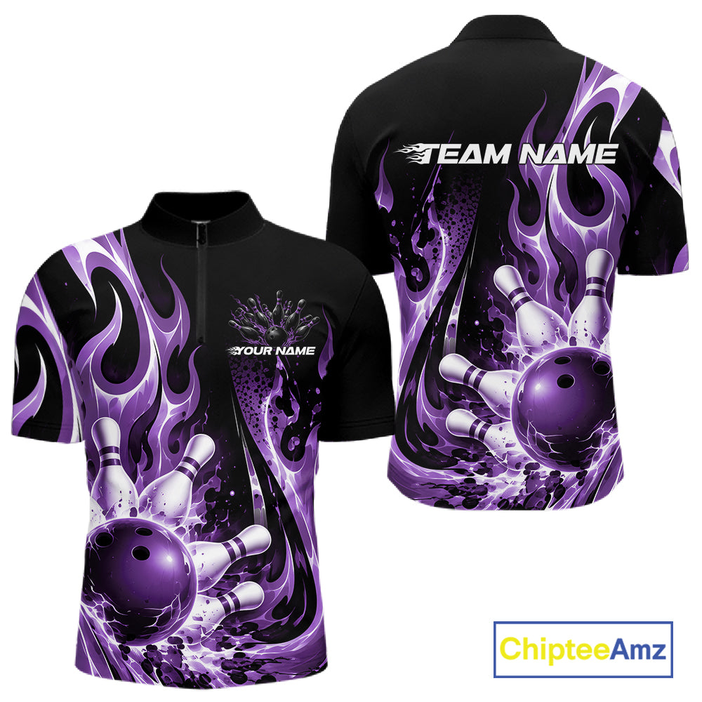 Custom Black And Purple Flame Bowling Jersey For Men, Bowling League Quarter Zip Shirt IPHW12391