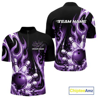 Custom Black And Purple Flame Bowling Jersey For Men, Bowling League Quarter Zip Shirt IPHW12391