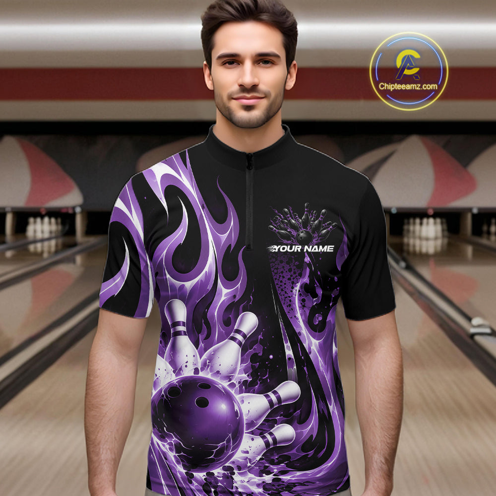 Custom Black And Purple Flame Bowling Jersey For Men, Bowling League Quarter Zip Shirt IPHW12391