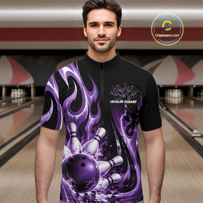 Custom Black And Purple Flame Bowling Jersey For Men, Bowling League Quarter Zip Shirt IPHW12391