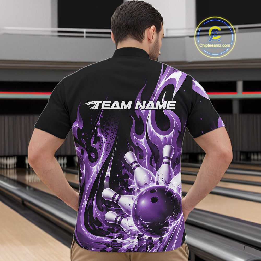 Custom Black And Purple Flame Bowling Jersey For Men, Bowling League Quarter Zip Shirt IPHW12391