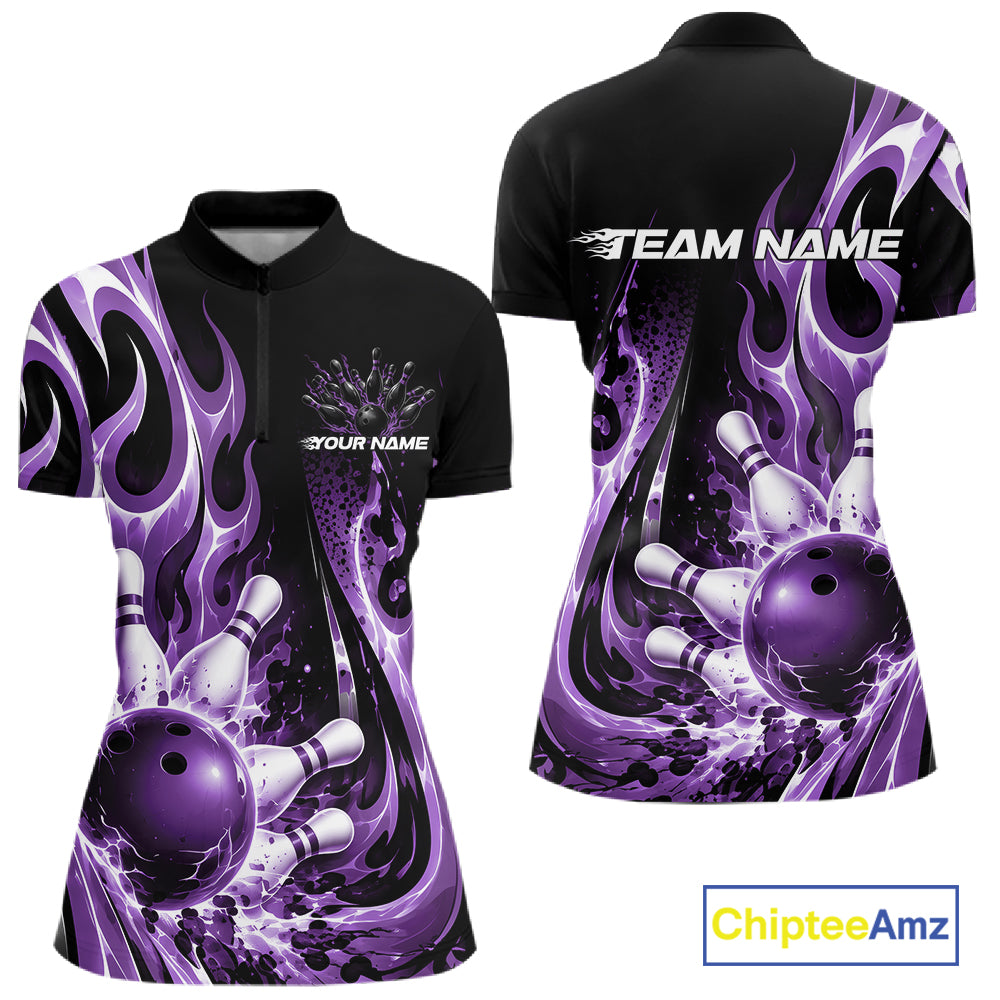 Custom Black And Purple Flame Bowling Jersey For Women, Bowling League Quarter-Zip Shirt IPHW12391