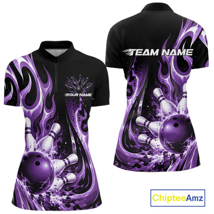 Custom Black And Purple Flame Bowling Jersey For Women, Bowling League Quarter-Zip Shirt IPHW12391
