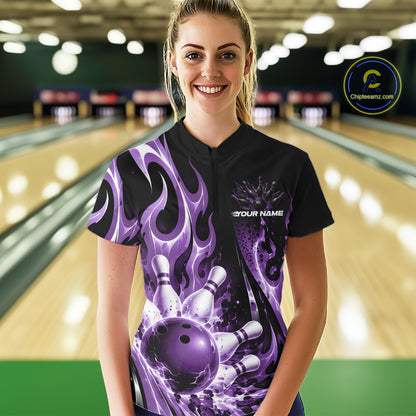Custom Black And Purple Flame Bowling Jersey For Women, Bowling League Quarter-Zip Shirt IPHW12391